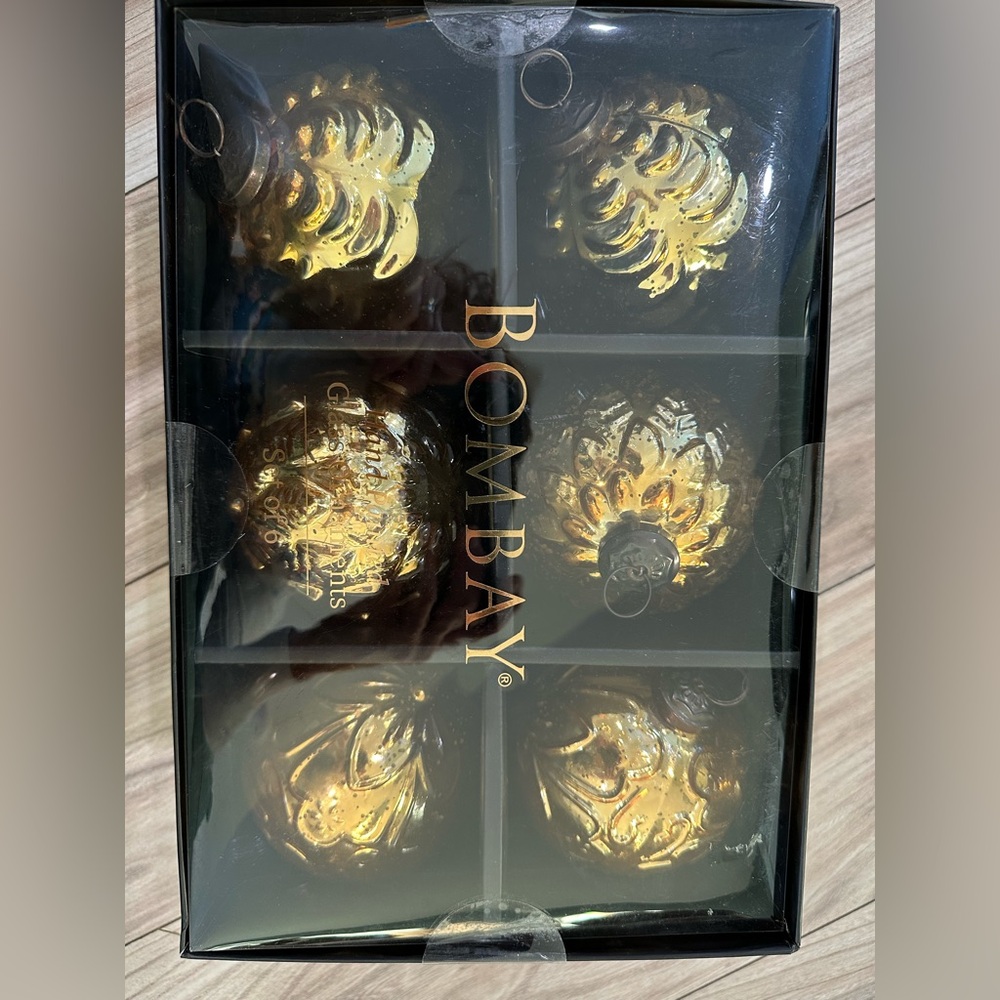 Bombay Gold Glass Hand Painted Ornaments Vintage Look But New Set Of 6